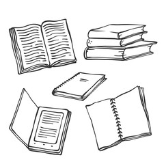 Vector books set. Sketch contour doodle black white illustration.