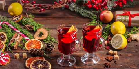 Fototapeta na wymiar mulled wine, fragrant drink and festive mood atmosphere - concept New Year, Christmas. food background. copy space