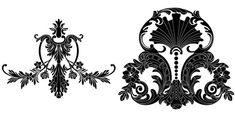 Black vintage baroque ornament, corner. Retro pattern antique style acanthus.Black vintage baroque ornament, corner. Retro pattern antique style acanthus.