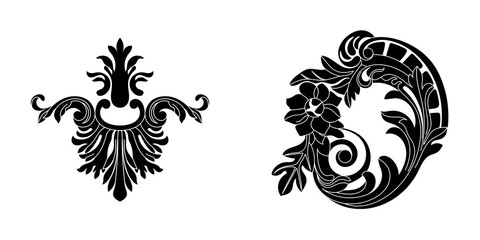 Black vintage baroque ornament, corner. Retro pattern antique style acanthus.Black vintage baroque ornament, corner. Retro pattern antique style acanthus.