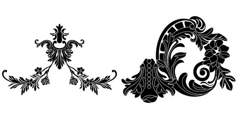 Black vintage baroque ornament, corner. Retro pattern antique style acanthus.Black vintage baroque ornament, corner. Retro pattern antique style acanthus.