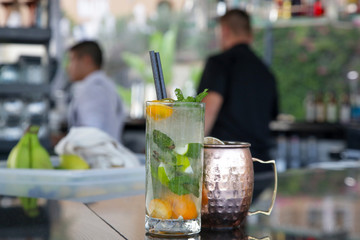 Two glasses of freshly prepared cocktails, summer nights refreshment
