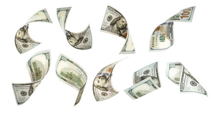Flying of 100 US dollar banknote on white background.US dollar is main and popular currency of exchange in the world.Investment and saving concept.
