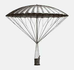 Historic frameless parachute by André-Jacques Garnerin from 1797 descending, after antique etching from early 19c.
