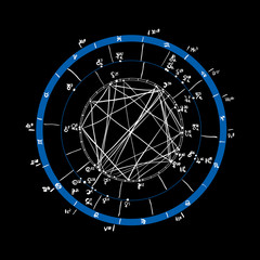 Horoscope natal chart, astrological celestial map, cosmogram, vitasphere, radix. Blue white black color. Hand drawn calligraphy. Vector