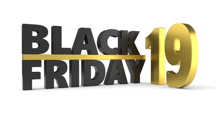 black friday of 2019 year. 3d illustration with black and golden materials.