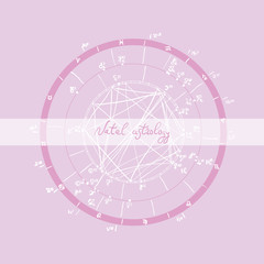 Horoscope natal chart, astrological celestial map, cosmogram, vitasphere, radix. sketch, design, outline, white lilac pink color. Hand drawn calligraphy. Vector