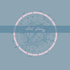 Horoscope natal chart, astrological celestial map, cosmogram, vitasphere, radix. Blue pink grey color. Hand drawn calligraphy. Vector