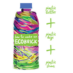 Ecobrick is a plastic bottle packed with clean and dry, used plastic to make a reusable building block. Eco Bricks, Ecolladrillos, bottle bricks. Less plastic going into the biospher. Vector - 287188220