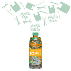 Ecobrick is a plastic bottle packed with clean and dry, used plastic to make a reusable building block. Eco Bricks, Ecolladrillos, bottle bricks. Less plastic going into the biospher. Vector