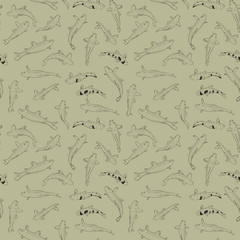 Seamless pattern Koi carp nishikigoi literally brocaded carp. Common carp that are kept in outdoor koi ponds water gardens. black outline on beige gray background sketch doodle. Vector