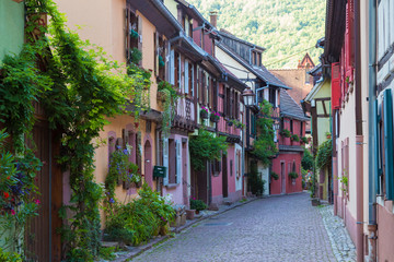 Beautiful colorful  street of medieval village Kaysersberg. Alsace. France.