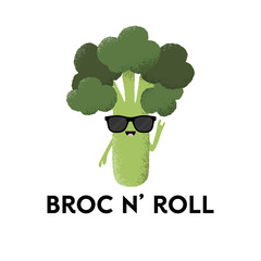 Vector illustration of a broccoli character wearing sunglasses with the funny pun 'Broc n Roll'. Fun T-Shirt design concept.