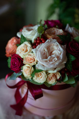 the most beautiful flowers, magnificent bouquets of flowers on the leg in the interior of the restaurant for a festive floristry store or wedding salon for the bride or groom, a bridal bouquet, butane