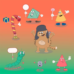 Set of vector cartoon characters candy, cone, pyramid, cat and caterpillar on a colored background for the design of cards, calendars, posters.