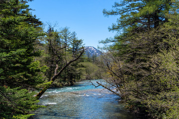 Azusa river and hotaka mountain at Kamikochi in Northern Japan Alps.