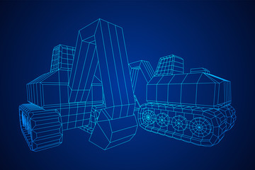Excavator heavy equipment construction company. Wireframe low poly mesh vector illustration