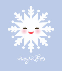 Merry Christmas card design Kawaii snowflake white funny face with eyes and pink cheeks on lilac background. Vector
