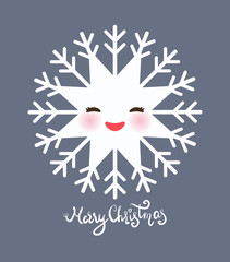 Merry Christmas card design Kawaii snowflake set white funny face with eyes and pink cheeks on grey background. Vector