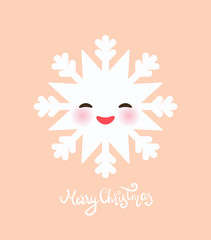 Merry Christmas card design Kawaii snowflake white funny face with eyes and red cheeks on pink background. Vector