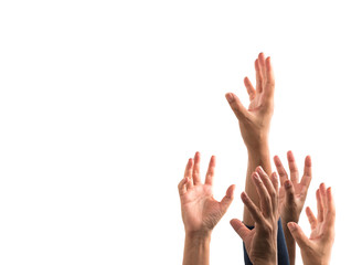 Many hands raised up against white background