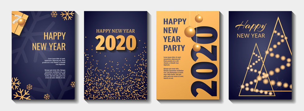 Set of Flyer, poster, banner, brochure design templates for Happy new year 2020. Blue and gold collors. Christmas balls, abstract christmas tree, snowflakes, gift box. Perfect for invitation, card.