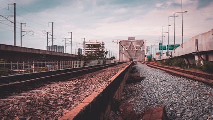 Obraz premium industrial concept background. Railroad travel, railway tourism. Blurred railway. Transportation