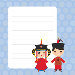 Card design with Kawaii Mongolian boy and girl in red national costume and hat. Cartoon children, orange yellow pastel colors polka dot lined page notebook, template, blank, planner background. Vector
