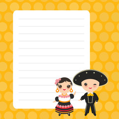 Card design with Kawaii Mexican boy and girl in red national costume and hat. Cartoon children, orange yellow pastel colors polka dot lined page notebook, template, blank, planner background. Vector