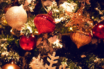 decor glitter ball hanging and star with red luxury gift box with merry christmas tree decoration...