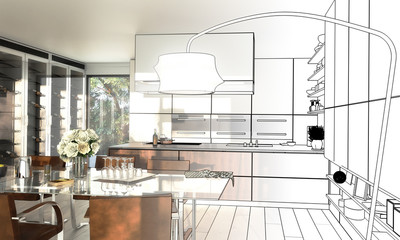 Modern Kitchen Loft (drawing) - 3d illustration
