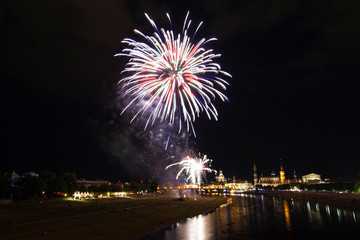 Fireworks over the skyline of Dresden in the night