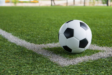 A ball on the corner line of soccer field.