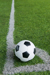 A ball on the corner line of soccer field.