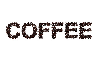 The word coffee spelled in coffee beans isolated on a white background, 3d render