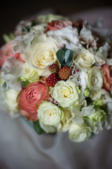 the most beautiful flowers, magnificent bouquets of flowers on the leg in the interior of the restaurant for a festive floristry store or wedding salon for the bride or groom, a bridal bouquet, butane