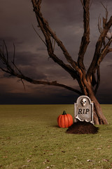 fresh grave with tombstone and pumpkin