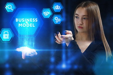 The concept of business, technology, the Internet and the network. A young entrepreneur working on a virtual screen of the future and sees the inscription: Business model