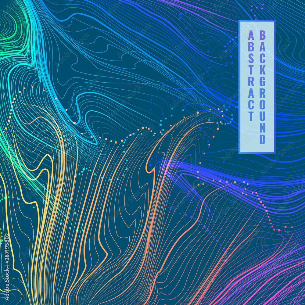 Poster background with many wavy multicolored deformed lines and dots.