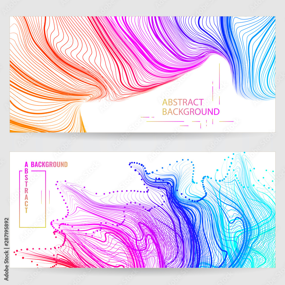 Poster set banners with abstract background with many wavy multicolored deformed lines and dots.