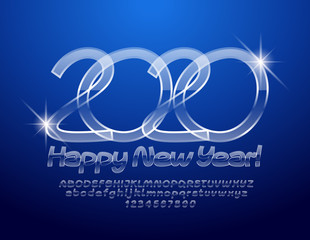 Vector chic Greeting Card Happy New Year 2020. Magical Glass Font. Unique Alphabet set of Letters and Numbers.