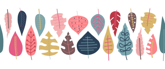 Autumn leaves seamless vector border. Scandinavian style repeating doodle pattern. Red pink gold blue leaf elements illustration. Use for fall decoration, Thanksgiving card, fabric, ribbons, banner © StockArtRoom
