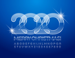 Vector ice Merry Christmas 2020 Greeting Card with Alphabet set of Letters and Numbers. Magical Glass Font.