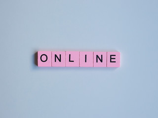 Online word wooden cubes on a white background