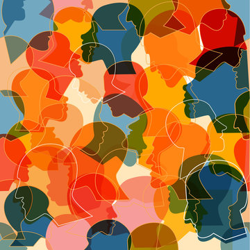 Seamless pattern of a crowd of many different people profile heads. Vector background.