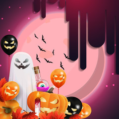 Fototapeta na wymiar Pumpkin Jack, Halloween evil balloons and ghost on pink background with big full moon. Square template for your arts