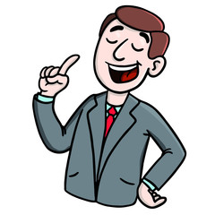 businessman who raises his finger know-it-all and explains something. Suit, need hair, comic.