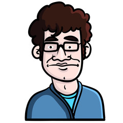 Vector illustration of a young man with glasses and blue sweater looking moody and unsure.