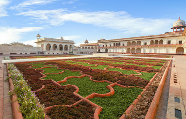Agra Fort white marble royal palace with decorated garden of the medieval era. Agra Fort is a historic fort located at Agra, India designated as the UNESCO World Heritage
