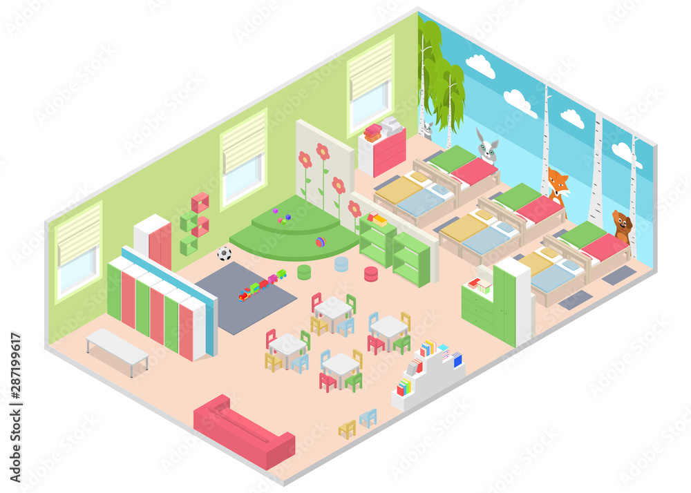 Wall mural Kindergarten Room Interior with Furniture Isometric View. Vector